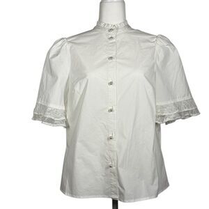NWT H Halston White Short Puff Sleeve Blouse Size M Pearl Button Lace Trim